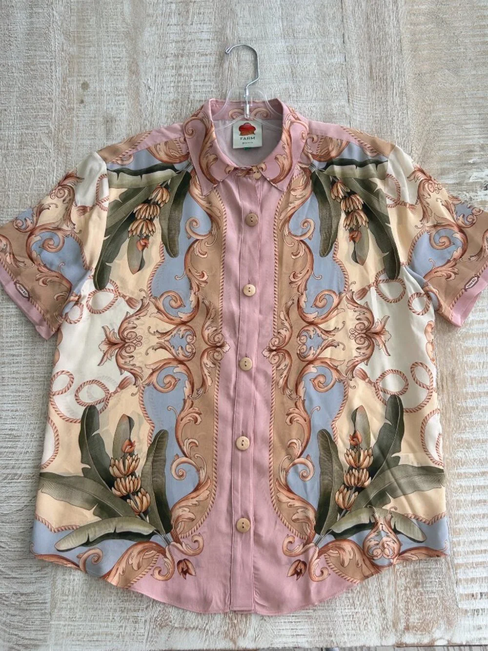 Farm Rio Banana Royalty Blouse/Shirt/Top Blush Pink Rose Gold Size Small NWOT